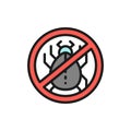 Forbidden sign with dust mites, allergy flat color line icon.