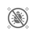 Forbidden sign with dust mites, no dust, anti allergic materials grey icon.