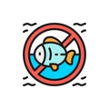 Forbidden sign with fish, seafood allergy flat color line icon.
