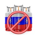 Forbidden sign and gas cylinder with flag russia on white background. Isolated 3D illustration