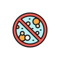 Forbidden sign with microbes, antibacterial, no bacteria flat color line icon.
