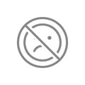 Forbidden sign with a negative emoji line icon. Prohibition of unhappy, upset, depression symbol