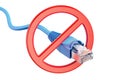 Forbidden sign with network computer cable, 3D rendering Royalty Free Stock Photo