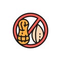 Forbidden sign with peanut, groundnut free, nut allergy flat color line icon.