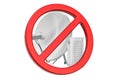 Forbidden sign with satellite dish. 3D rendering