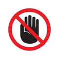 Forbidden sign with stop hand glyph icon. No entry prohibition. Do not touch. Silhouette symbol. Negative space. Vector isolated i