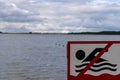 it is forbidden to swim sign installed on the shore of the lake