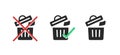 Forbidden trash to throw to dustbin icon pictogram vector graphic set, dont allowed permitted waste garbage bin, dumpster with