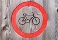 A forbidding sign for bicycles. Wood as a background. Texture of natural wood.