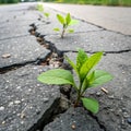 Force of Nature! Plants emerging through rock-hard asphalt Royalty Free Stock Photo