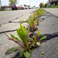 Force of Nature! Plants emerging through rock-hard asphalt Royalty Free Stock Photo