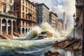Force of Nature Unleashed: Watercolor of a Powerful Flood Sweeping Through a City Street - Aged Buildings Crumbling Under the