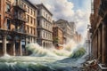 Force of Nature Unleashed: Watercolor of a Powerful Flood Sweeping Through a City Street - Aged Buildings Crumbling Under the