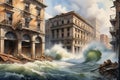 Force of Nature Unleashed: Watercolor of a Powerful Flood Sweeping Through a City Street - Aged Buildings Crumbling Under the