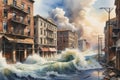 Force of Nature Unleashed: Watercolor of a Powerful Flood Sweeping Through a City Street - Aged Buildings Crumbling Under the