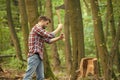 Force is required. survive in wild nature concept. man with axe in the forest. cutter going to cut tree. lumberjack