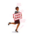 Forceful Promoter Female Character Run With Banner In Hands Aggressively Promoting Final Sale, Cartoon Illustration