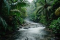 A forceful river cuts through a dense and lush green forest, creating an awe-inspiring scene, Wild river coursing through an