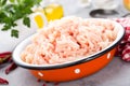 Forcemeat. Raw ground chicken meat in bowl on white kitchen table. Fresh minced chicken breast meat