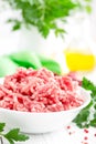 Forcemeat. Raw ground pork meat in bowl on white kitchen table. Fresh minced meat