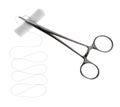 Forceps with suture thread and bandage roll on white, top view. Medical equipment Royalty Free Stock Photo