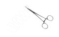 Forceps with suture thread on white background, top view. Medical equipment Royalty Free Stock Photo