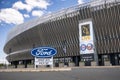 The Ford drop off and pick up area at the Nassau Coliseum. New York Islanders and Long Island Nets banner Royalty Free Stock Photo