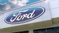 Ford Motor Company logo on the modern building facade. Editorial 3D rendering