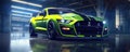 Ford mustang in lime color. Car race in night city vivid color super speed