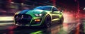 Ford mustang in lime color. Car race in night city vivid color super speed