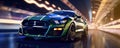 Ford mustang in lime color. Car race in night city vivid color super speed