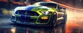 Ford mustang in lime color. Car race in night city vivid color super speed