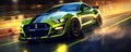 Ford mustang in lime color. Car race in night city vivid color super speed