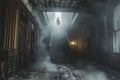 A foreboding dark hallway filled with thick, billowing smoke that creates an unsettling atmosphere, A Victorian era ghost hovering