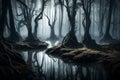 A foreboding, misty swamp with twisted trees and a ghostly light emanating from deep within Royalty Free Stock Photo