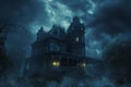 A foreboding old house stands against a dark sky as bolts of lightning illuminate the scene, A haunted Victorian house on a stormy