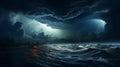 A foreboding photograph of a dark, turbulent storm on the horizon, emphasizing the growing intensity of storms and hurricanes rela