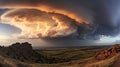 Foreboding storm clouds gathering over tranquil landscape, signifying an impending tornado