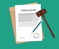 Foreclosure text on stamped paperwork illustration with judge hammer and folder document with green background