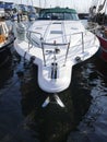 Foredeck of a luxury motor yacht, details, railing, windlass, anchor box, Germany, Europe, Heiligenhafen