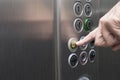 Forefinger pressing the alarm button in the elevator Royalty Free Stock Photo