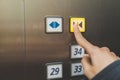 Forefinger pressing the close button in the elevator, selective focus