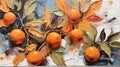 Details of acrylic paintings showing color, textures and techniques. Expressionistic leaves and orange berries.