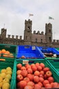 Showing the fresh fruit for sale and the Macroom Castle in Ireland.