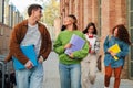 On foreground a couple of teenage students walking and having a friendly conversation at university campus. Group of Royalty Free Stock Photo