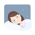 Foreground girl asleep in bed at night. Sweet dreams. Vector illustration