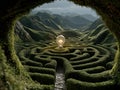 Foreground dense hedge maze with geometric patterns, single light bulb Background rugged mountains under cloudy sky Low angle view Royalty Free Stock Photo