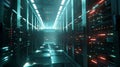 In the foreground are different computer icons and symbols in a working data center corridor with rack servers and Royalty Free Stock Photo