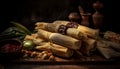 Foreground focus on rustic bowl of fresh organic vegetable stack generated by AI