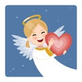 Foreground happy angel with red heart on blue sky and stars background. Vector illustration